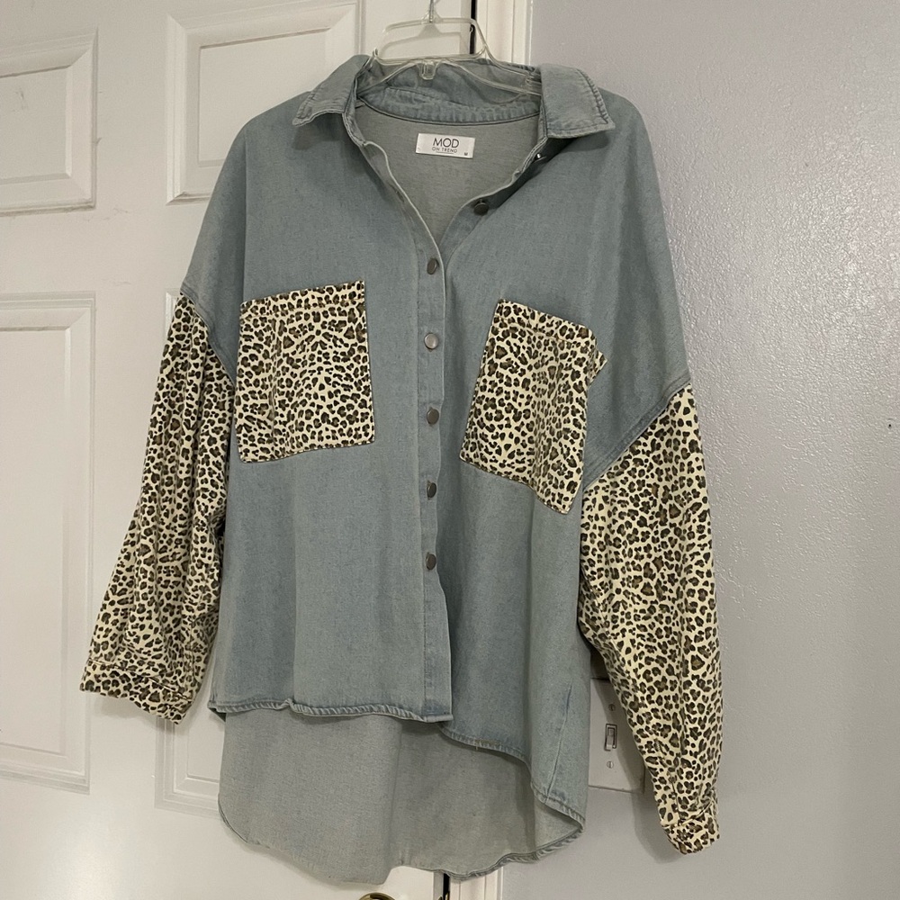 Leopard Patchwork Denim Oversized Shirt